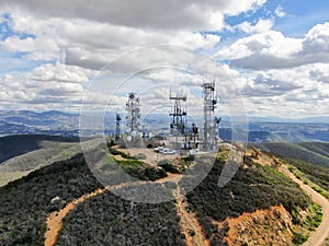 Aerial view of telecommunication antennas on the top of Black Mountain in Carmel Valley, SD, California