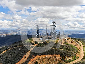 Aerial view of telecommunication antennas on the top of Black Mountain in Carmel Valley, SD, California