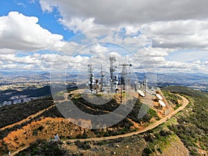 Aerial view of telecommunication antennas on the top of Black Mountain in Carmel Valley, SD, California
