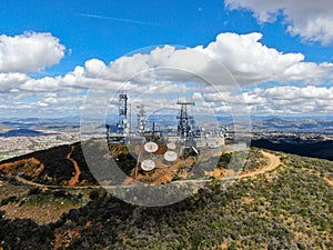 Aerial view of telecommunication antennas on the top of Black Mountain in Carmel Valley, SD, California