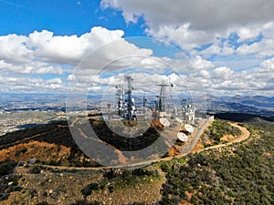 Aerial view of telecommunication antennas on the top of Black Mountain in Carmel Valley, SD, California