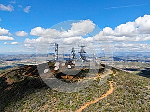 Aerial view of telecommunication antennas on the top of Black Mountain in Carmel Valley, SD, California