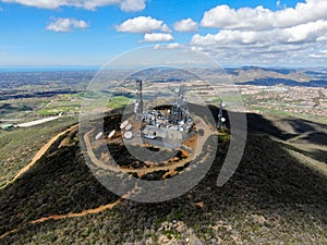 Aerial view of telecommunication antennas on the top of Black Mountain in Carmel Valley, SD, California