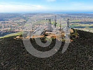 Aerial view of telecommunication antennas on the top of Black Mountain in Carmel Valley, SD, California