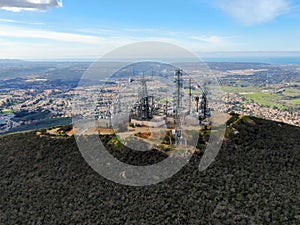 Aerial view of telecommunication antennas on the top of Black Mountain in Carmel Valley, SD, California