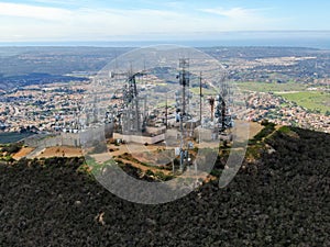 Aerial view of telecommunication antennas on the top of Black Mountain in Carmel Valley, SD, California