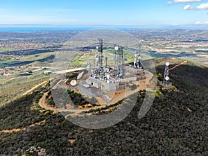 Aerial view of telecommunication antennas on the top of Black Mountain in Carmel Valley, SD, California