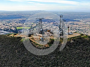 Aerial view of telecommunication antennas on the top of Black Mountain in Carmel Valley, SD, California