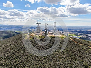 Aerial view of telecommunication antennas on the top of Black Mountain in Carmel Valley, SD, California