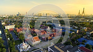 Aerial view of temple and bhumibol bridge in bangkok thailand