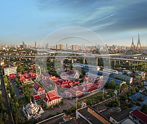 Aerial view of temple and bhumibol bridge in bangkok thailand capital city