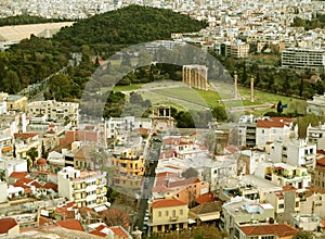 Aerial view of the Temple of Olympian Zeus and the Arch of Hadrian as seen from the Acropolis of Athens, Greece