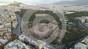 Aerial view of Temple of Zeus at Olympia in Athens and modern part of the city