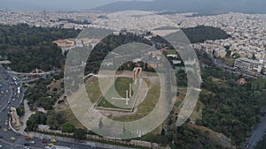 Aerial view of Temple of Zeus at Olympia in Athens and modern part of the city