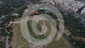 Aerial view of Temple of Zeus at Olympia in Athens and modern part of the city