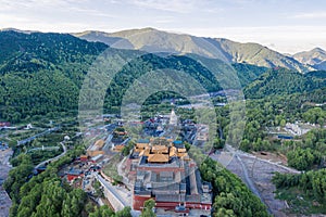 Aerial view of the temples on Wutai Mountain in the morning, Shanxi Province, China