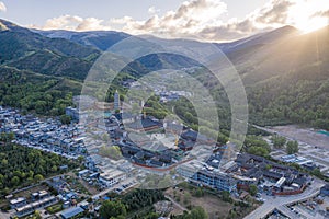 Aerial view of the temples on Wutai Mountain in the morning, Shanxi Province, China