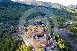 Aerial view of the temples on Wutai Mountain in the morning, Shanxi Province, China