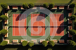 aerial view of a tennis court with symmetrically arranged seating