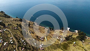 Aerial view on terraced slopes of Taquile island on Titicaca Lake