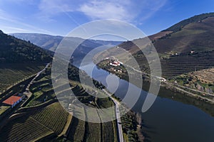 Aerial view of the terraced vineyards in the Douro Valley and river near the village of Pinhao, Portugal