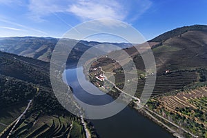 Aerial view of the terraced vineyards in the Douro Valley and river near the village of Pinhao, Portugal