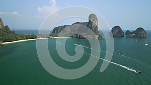 Aerial view of Thai Boats And Railay Beach, Krabi Thailand