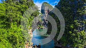 Aerial view Thai traditional wooden longtail boat and beautiful limestone Ao Phra Nang Beach in Krabi, Ao Nang, Krabi, Thailand