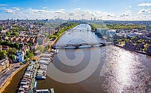 Aerial view of Thames and Albert bridge in the morning, London, UK photo