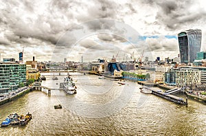 Aerial View of the Thames River from Tower Bridge, London