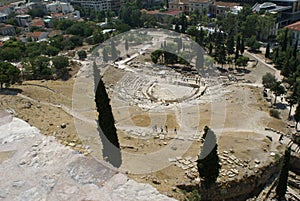 Aerial view of the Theatre of Dionysus from the Acropolis in Athens, Greece