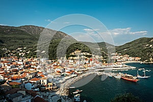 Aerial view of thee small fishing village of Parga, Greece