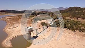 Aerial view of Theewaterskloof Dam, Cape Town`s main dam, with extremely low levels