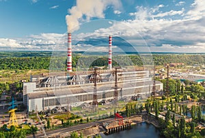 Aerial view of thermal power plant. Industrial landscape