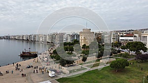 Aerial view of Thessaloniki City with the port and White Tower Museum in Greece