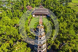 Aerial view of The Thien Mu Pagoda. It is one of the ancient pagoda in Hue city. It is located on the banks of the Perfume River