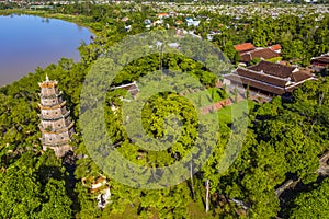 Aerial view of The Thien Mu Pagoda. It is one of the ancient pagoda in Hue city. It is located on the banks of the Perfume River
