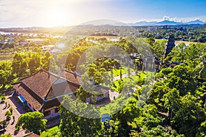 Aerial view of The Thien Mu Pagoda. It is one of the ancient pagoda in Hue city. It is located on the banks of the Perfume River