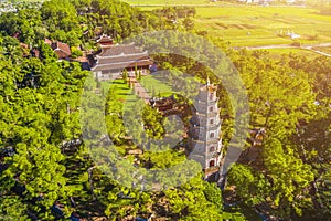 Aerial view of The Thien Mu Pagoda. It is one of the ancient pagoda in Hue city. It is located on the banks of the Perfume River