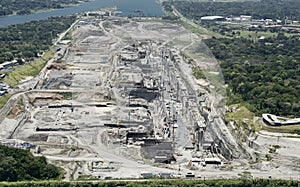 Aerial view of the Third Set of Locks construction site, Panama Canal