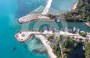 Aerial view of Thong Sala pier, boat and koh Tae Nai in koh Phangan, Thailand