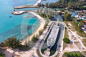 Aerial view of Thong Sala pier, boat and koh Tae Nai in koh Phangan, Thailand