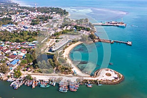 Aerial view of Thong Sala pier, boat and koh Tae Nai in koh Phangan, Thailand