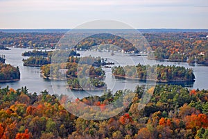 Aerial view of Thousand Islands in fall, New York, USA