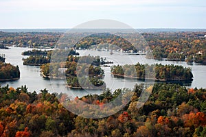 Aerial view of Thousand Islands in fall, New York, USA