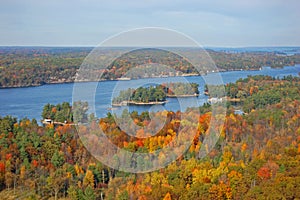 Aerial view of Thousand Islands in fall, New York, USA photo