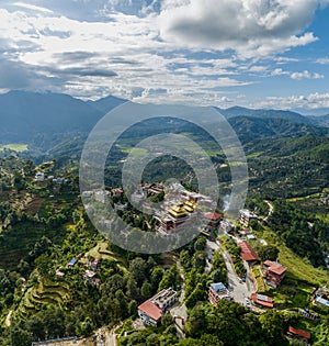 Aerial view of the Thrangu Tashi Yangtse Monastery or Namo Buddha Monastery. Nepal