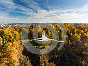 Aerial view of the Three Crosses monument overlooking Vilnius Old Town on sunset. Vilnius landscape from the Hill of Three Crosses