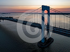 Aerial view of Throgs Neck Bridge in New York City at sunrise