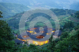 Aerial view of Tianluokeng Tulou cluster
